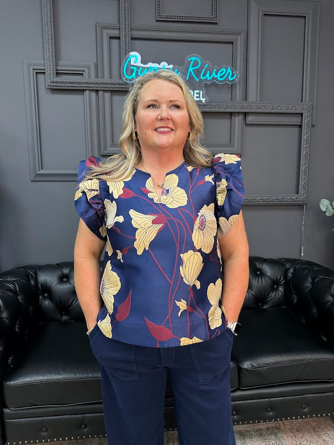 floral jacquard top, ruffle sleeve blouse, navy floral top, feminine work blouse, chic floral blouse, statement top, dressy casual blouse