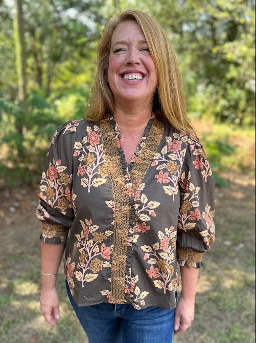 Floral Print Cotton Blouse with Embroidered Smocking