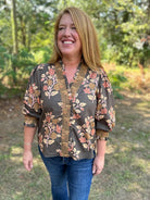 Floral Print Cotton Blouse with Embroidered Smocking