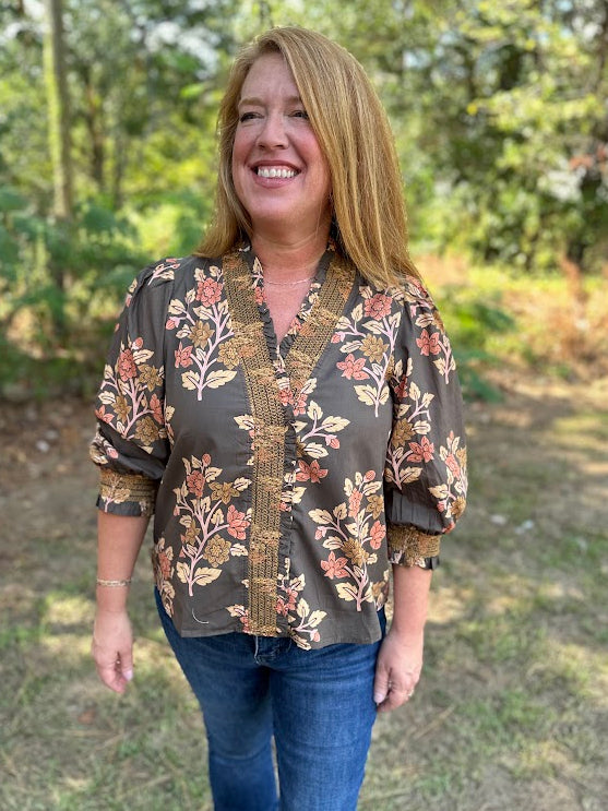 Floral Print Cotton Blouse with Embroidered Smocking