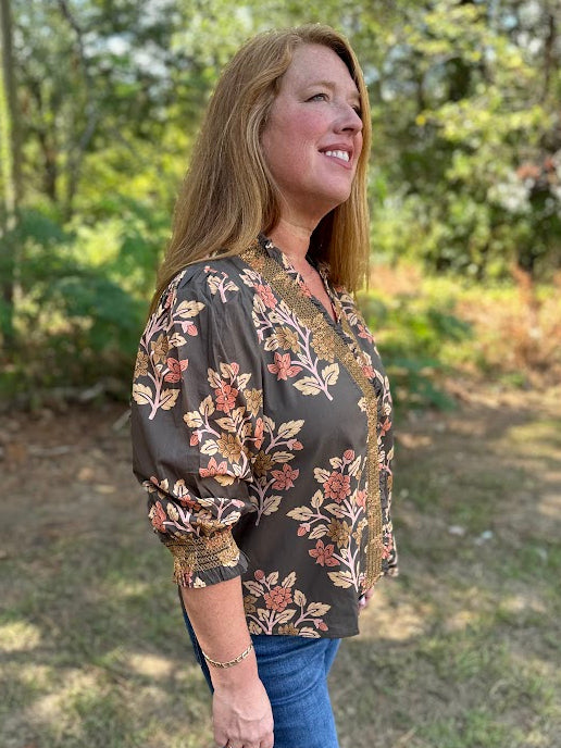 Floral Print Cotton Blouse with Embroidered Smocking