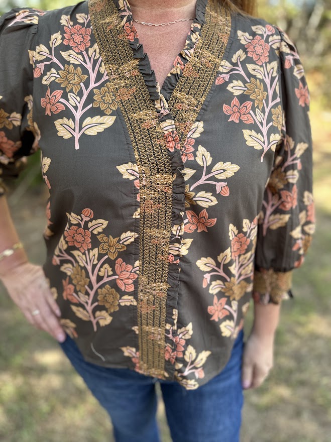 Floral Print Cotton Blouse with Embroidered Smocking