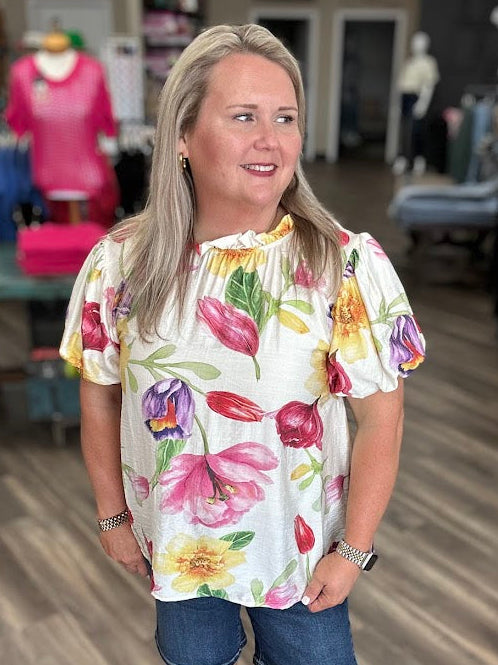 Floral Print Puff Sleeve Top with Gathered Neckline