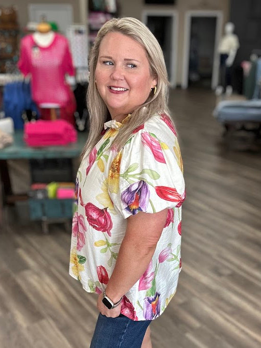 Floral Print Puff Sleeve Top with Gathered Neckline