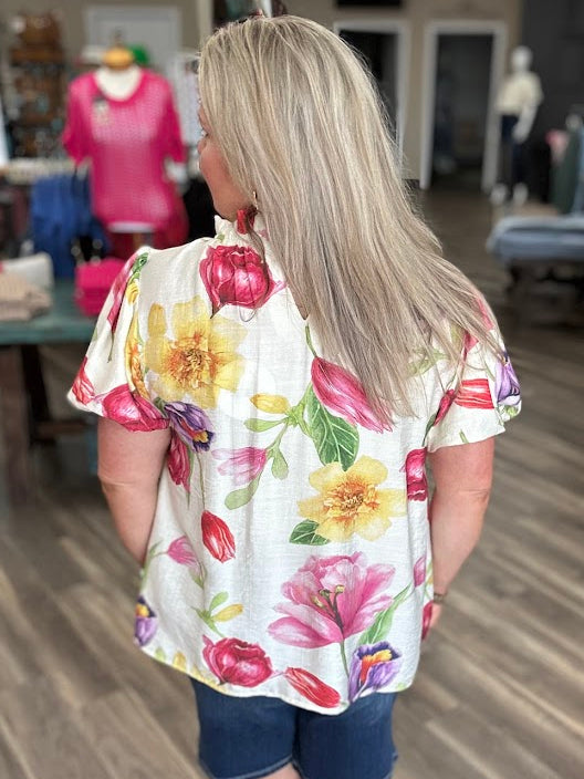 Floral Print Puff Sleeve Top with Gathered Neckline