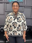 floral fall blouse, tassel tie top, decorative trim blouse, 3/4 sleeve blouse, fall print top, lightweight woven blouse, boutique fall top, women’s floral top, rayon blouse, boho fall outfit