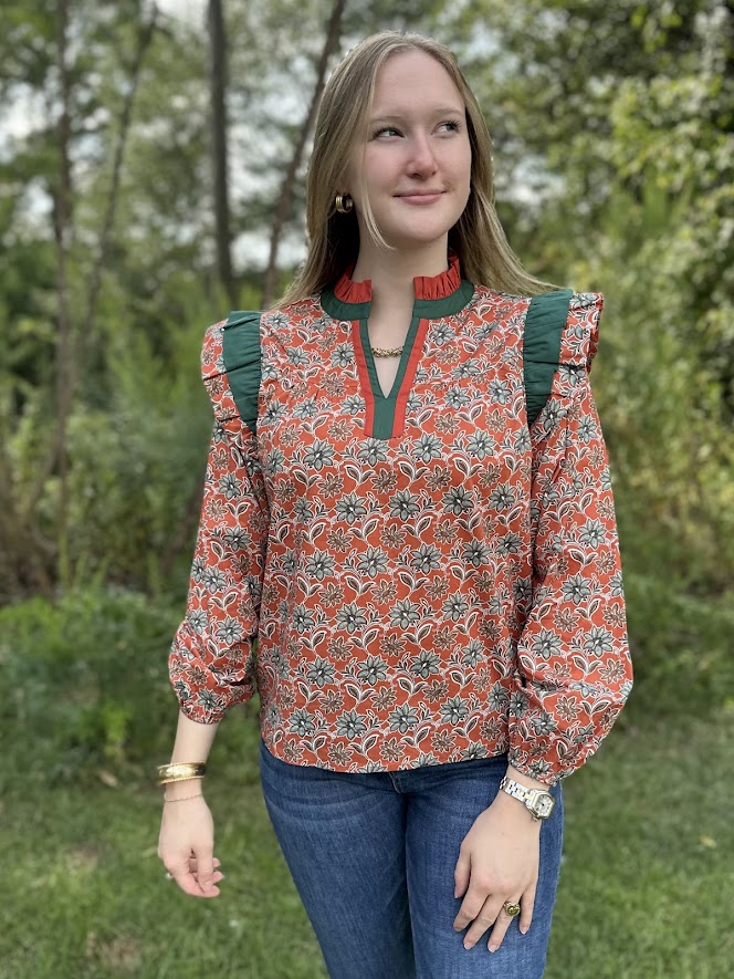 rust floral blouse, statement sleeve top, ruffle collar blouse, boho chic blouse, bold print blouse, dressy fall blouse, long sleeve floral top, pleated shoulder blouse, unique work blouse
