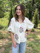 Floral Puff Sleeve V-Neck Blouse