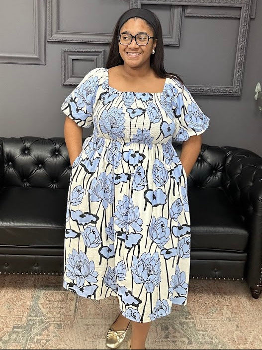 floral midi dress, puff sleeve dress, smocked midi dress, boutique floral dress, women’s midi dress, cotton floral dress