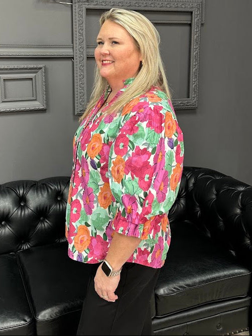 floral button down top, balloon sleeve blouse, women’s cotton blouse, colorful floral top, boutique blouses, everyday tops, Gypsy River Apparel