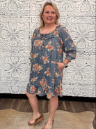  Floral Washed Chambray Ruffle Dress