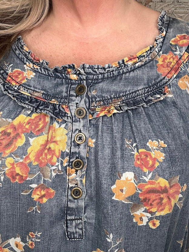 Floral Washed Chambray Ruffle Dress