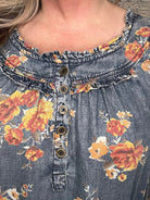 Floral Washed Chambray Ruffle Dress