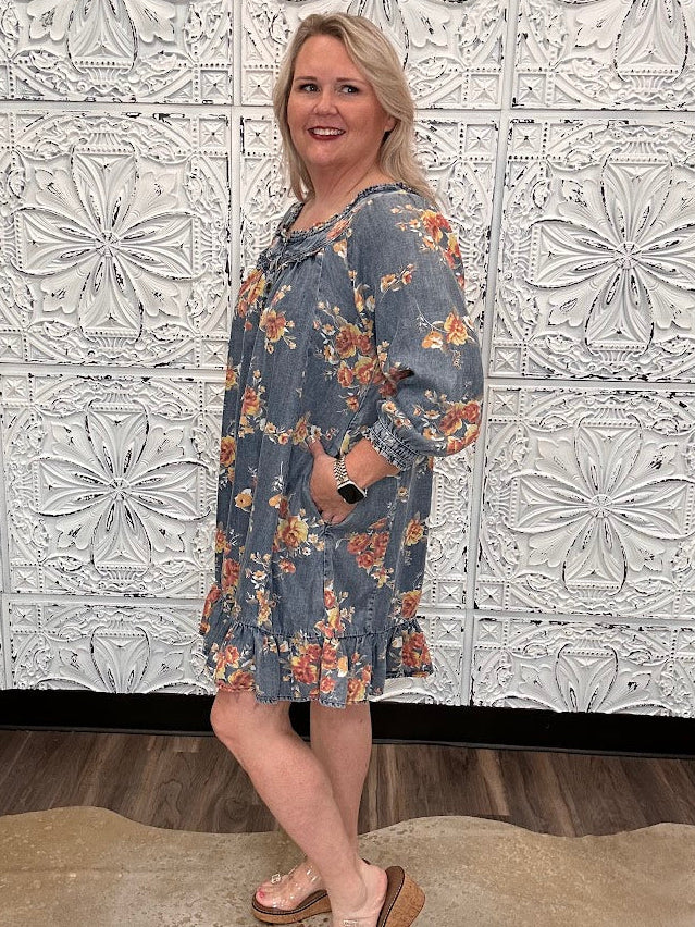 Floral Washed Chambray Ruffle Dress