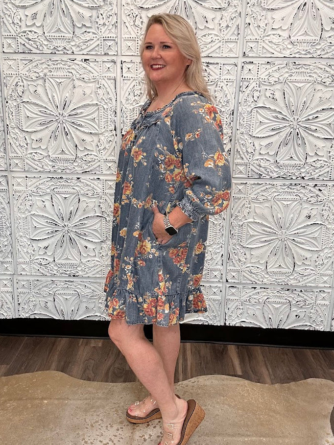 Floral Washed Chambray Ruffle Dress