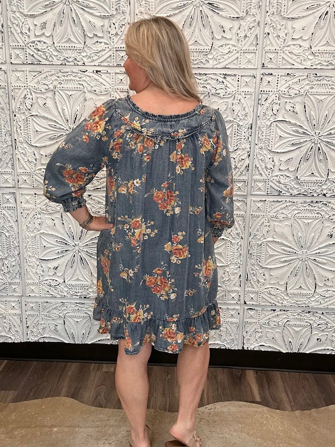 Floral Washed Chambray Ruffle Dress