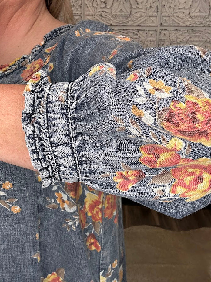 Floral Washed Chambray Ruffle Dress