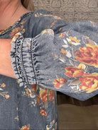 Floral Washed Chambray Ruffle Dress