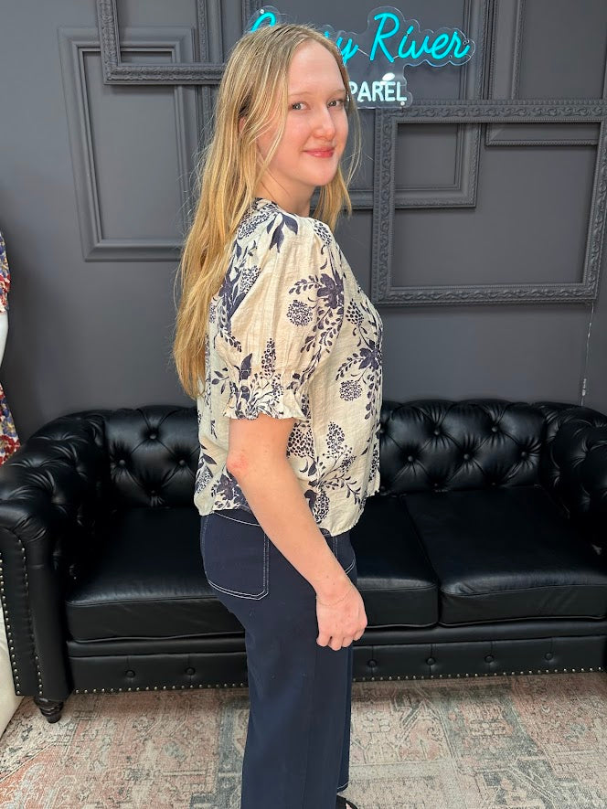 floral blouse, pintuck top, puff sleeve blouse, lightweight floral shirt, rayon linen blend blouse, feminine spring top, Gypsy River Apparel