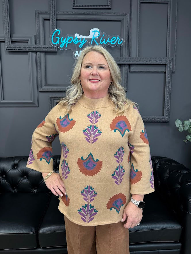 floral sweater, lightweight sweater, ¾ sleeve sweater, latte floral top, boutique knitwear, fall floral sweater, soft knit blouse, women’s casual sweater, floral print pullover, transitional knit