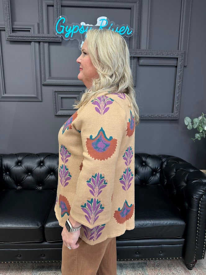 floral sweater, lightweight sweater, ¾ sleeve sweater, latte floral top, boutique knitwear, fall floral sweater, soft knit blouse, women’s casual sweater, floral print pullover, transitional knit