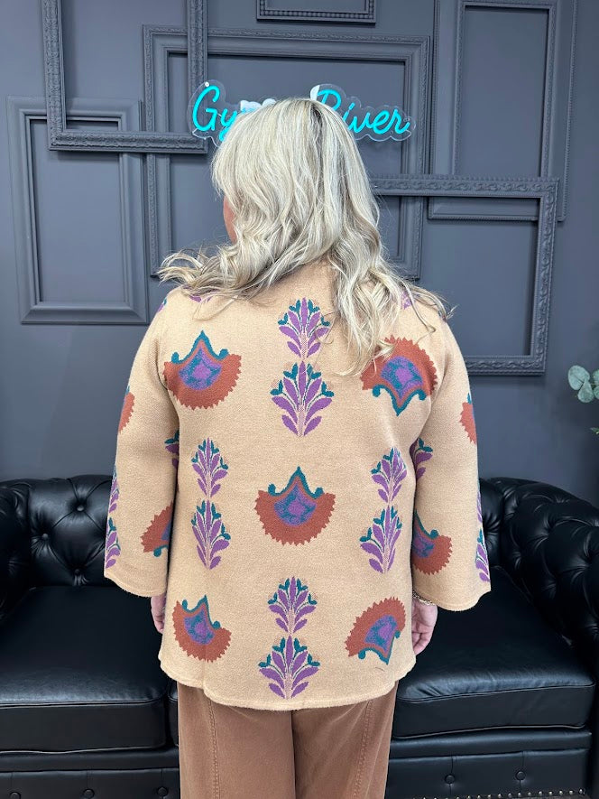 floral sweater, lightweight sweater, ¾ sleeve sweater, latte floral top, boutique knitwear, fall floral sweater, soft knit blouse, women’s casual sweater, floral print pullover, transitional knit