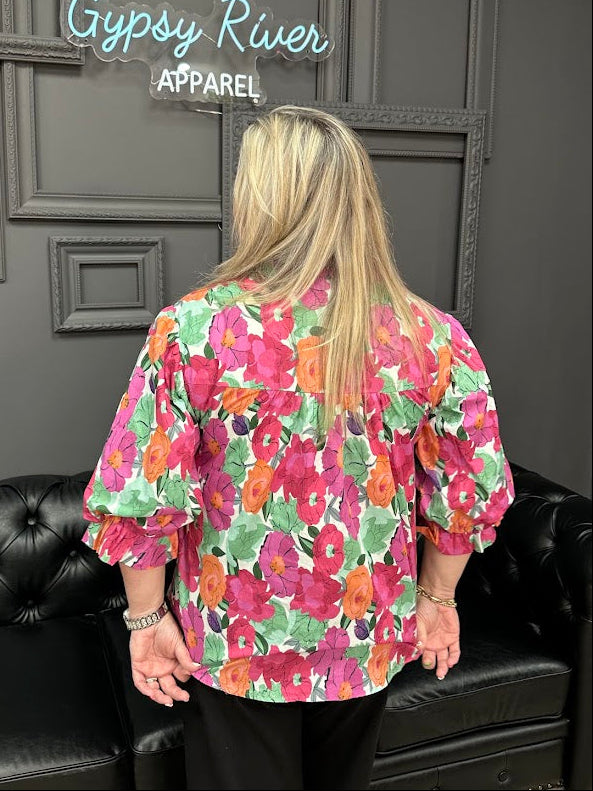 floral button down top, balloon sleeve blouse, women’s cotton blouse, colorful floral top, boutique blouses, everyday tops, Gypsy River Apparel
