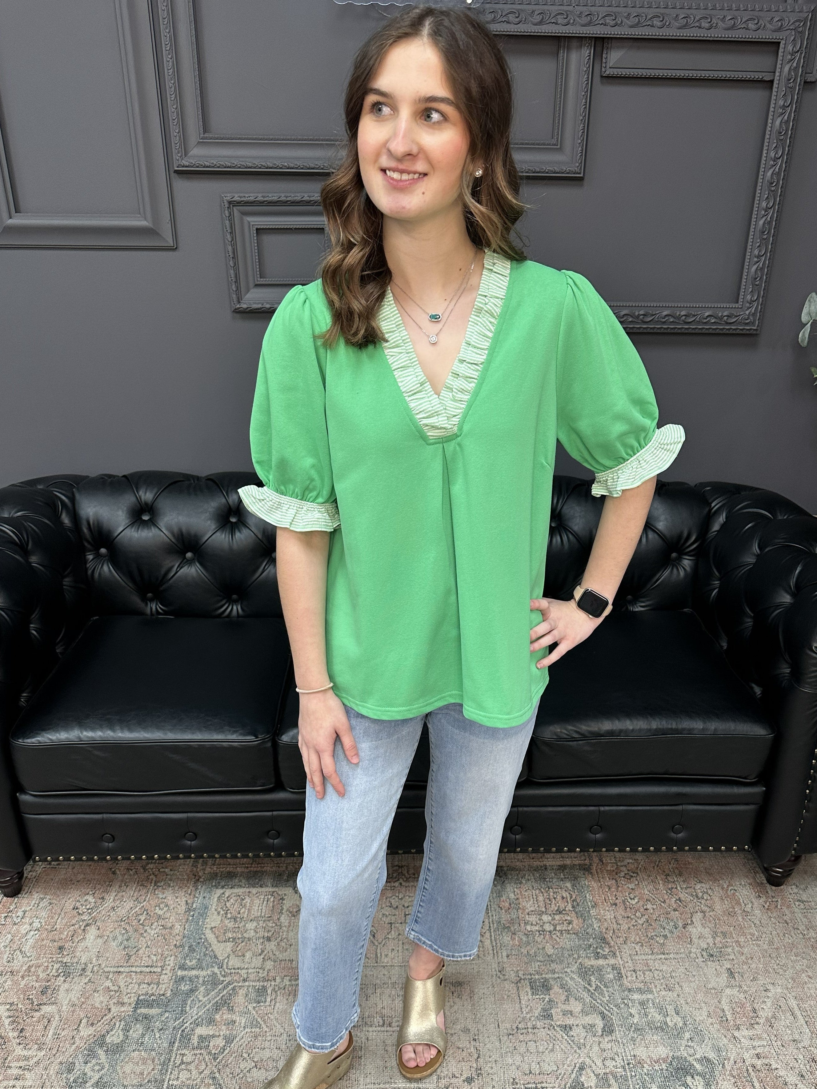 green puff sleeve top, french terry blouse, ruffle trim v neck top, boutique casual blouse, cotton blend puff sleeve top, everyday women’s top