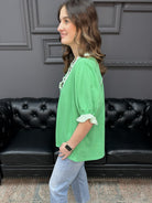 green puff sleeve top, french terry blouse, ruffle trim v neck top, boutique casual blouse, cotton blend puff sleeve top, everyday women’s top