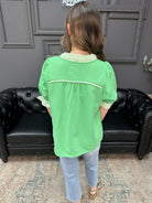 green puff sleeve top, french terry blouse, ruffle trim v neck top, boutique casual blouse, cotton blend puff sleeve top, everyday women’s top