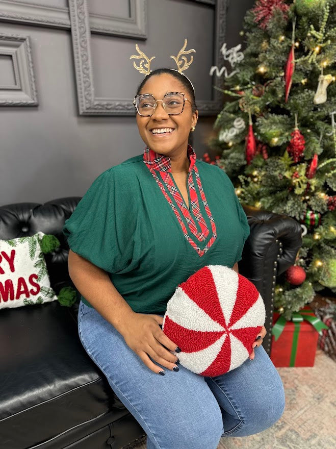 plaid v-neck top, dolman sleeve blouse, holiday plaid accent top, green plaid contrast blouse, relaxed fit fall top, plus size plaid detail top