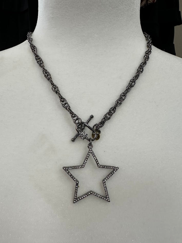 star necklace, pavé star pendant, open star necklace, gunmetal toggle necklace, rhinestone star necklace, statement necklace, boutique jewelry, Gypsy River necklace