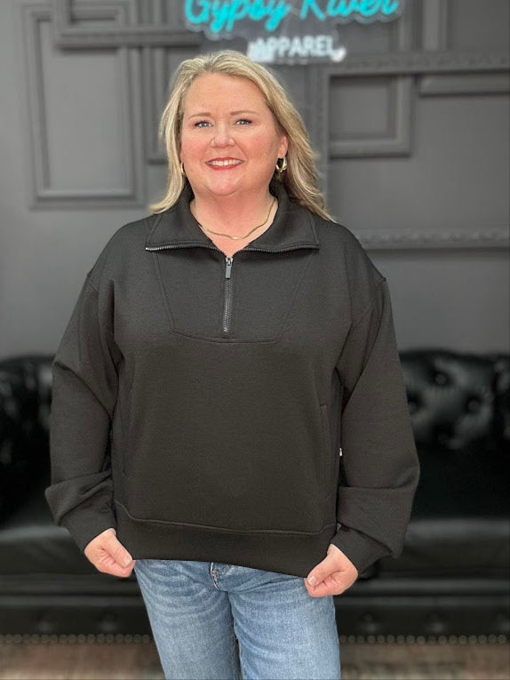 half zip sweatshirt, women’s pullover sweatshirt, casual zip sweatshirt, neutral pullover top, cozy fall sweatshirt, women’s boutique sweatshirt, quarter zip sweater, plus size sweatshirt, everyday casual wear, versatile zip pullover, comfy women’s top, solid color sweatshirt, Gypsy River apparel