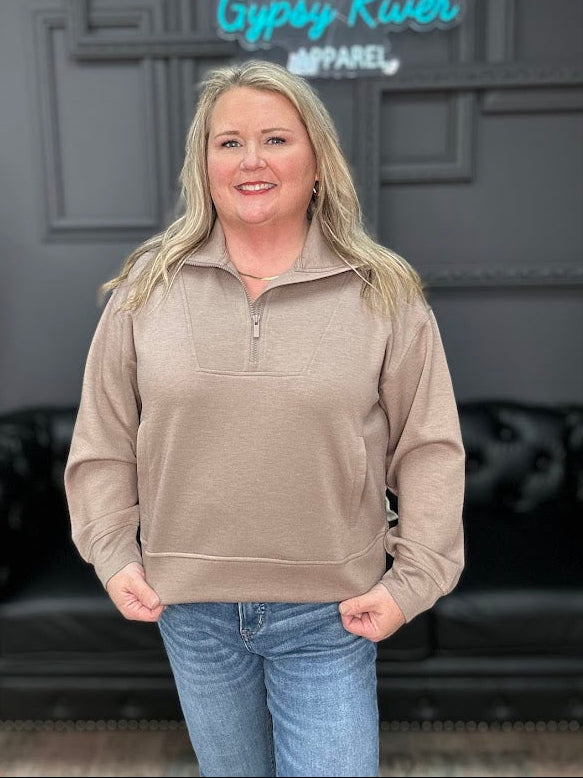 half zip sweatshirt, women’s pullover sweatshirt, casual zip sweatshirt, neutral pullover top, cozy fall sweatshirt, women’s boutique sweatshirt, quarter zip sweater, plus size sweatshirt, everyday casual wear, versatile zip pullover, comfy women’s top, solid color sweatshirt, Gypsy River apparel