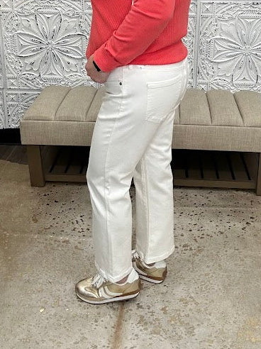 Liverpool Hannah jeans, white cropped flare jeans, mid rise white denim, Liverpool white jeans, stretch flare jeans, boutique white denim