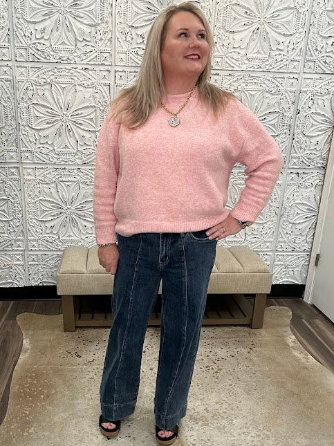 high rise jeans, wide leg jeans, front seam jeans, 29 inch inseam jeans, stretch denim, flattering wide leg denim