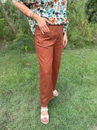 high waist wide leg pants, rust cropped pants, exposed stitch detail pants, casual fall trousers, women’s boutique pants, front pocket pants, straight leg cotton pants, relaxed fit pants, rust brown pants, high rise crop pants, comfy everyday bottoms, wide leg trousers for women, autumn outfit pants, boutique style pants, chic rust trousers, easy fit pants, neutral fall wardrobe, Northport boutique fashion, Gypsy River Apparel