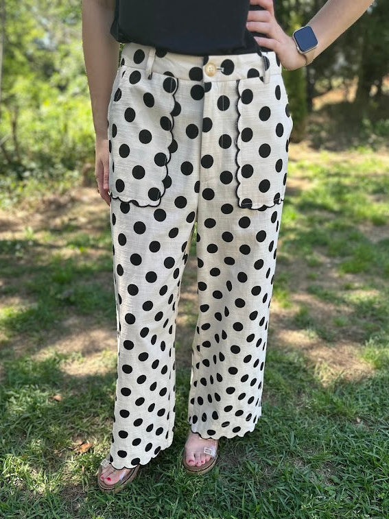 High Waist Wide Leg Black Polka Dot Pants with Scallop Embroidered Hem
