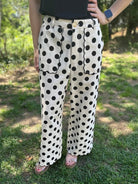 High Waist Wide Leg Black Polka Dot Pants with Scallop Embroidered Hem