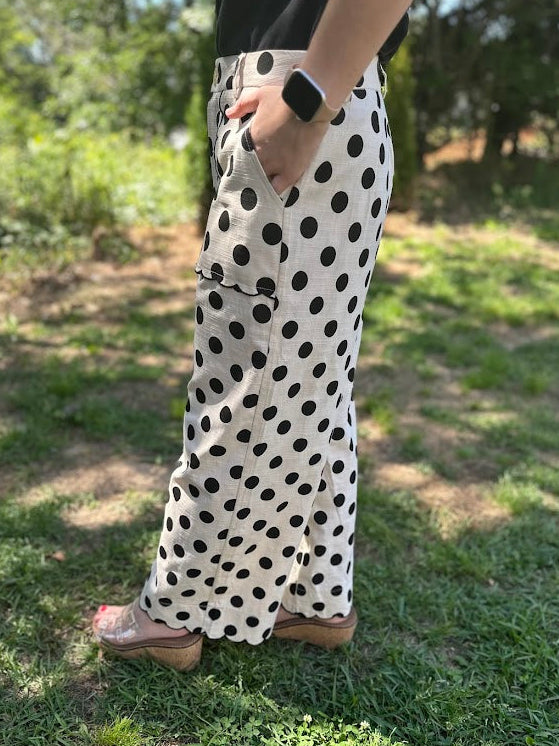 High Waist Wide Leg Black Polka Dot Pants with Scallop Embroidered Hem