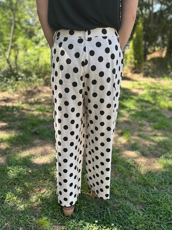 High Waist Wide Leg Black Polka Dot Pants with Scallop Embroidered Hem