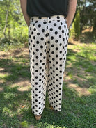 High Waist Wide Leg Black Polka Dot Pants with Scallop Embroidered Hem
