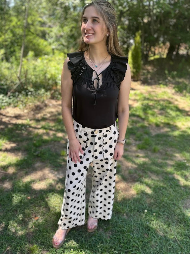 High Waist Wide Leg Black Polka Dot Pants with Scallop Embroidered Hem