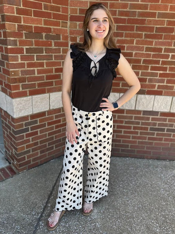 High Waist Wide Leg Black Polka Dot Pants with Scallop Embroidered Hem