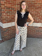 High Waist Wide Leg Black Polka Dot Pants with Scallop Embroidered Hem