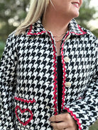  Houndstooth Button-Front Jacket with Red Ric Rac Trim