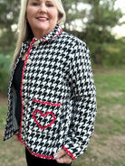 Houndstooth Button-Front Jacket with Red Ric Rac Trim