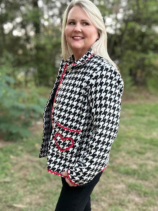 Houndstooth Button-Front Jacket with Red Ric Rac Trim