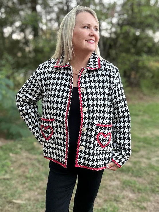 Houndstooth Button-Front Jacket with Red Ric Rac Trim