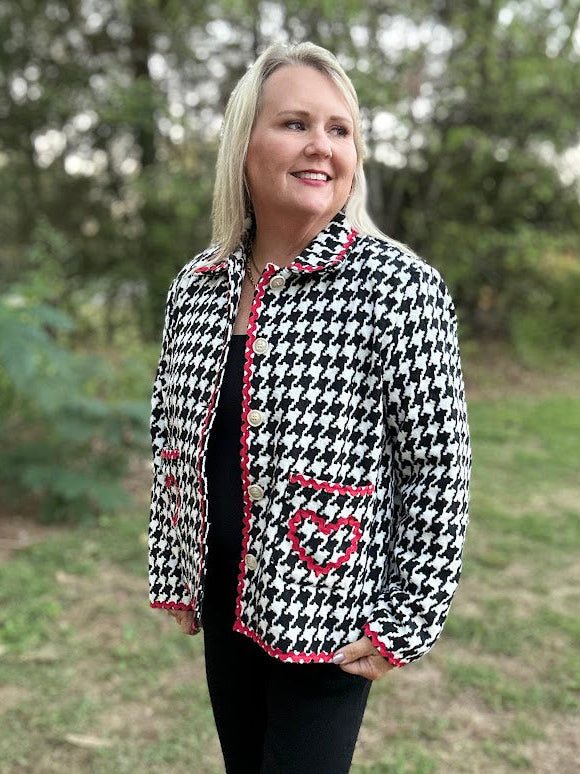 Houndstooth Button-Front Jacket with Red Ric Rac Trim